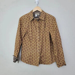 The Territory Ahead Women's Button-Up Top M Beige Floral 100% Cotton Long Sleeve